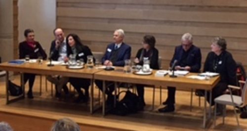 Panelists (from left to right) Gayle Feldman, Max Saunders, Harriet Reisen, Will Swift, Anne Boyd Rioux, Robert Lacey, and Quincy Whitney disccus lesser known lives.