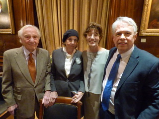 Nan A. Talese is flanked by A. E. Hotchner to her right and Anne C. Heller and BIO President Will Swift to her left.